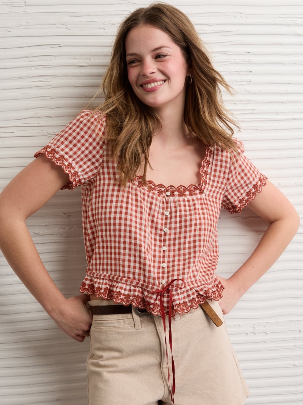 American Eagle Rust Gingham Square-Neck Button Front top
